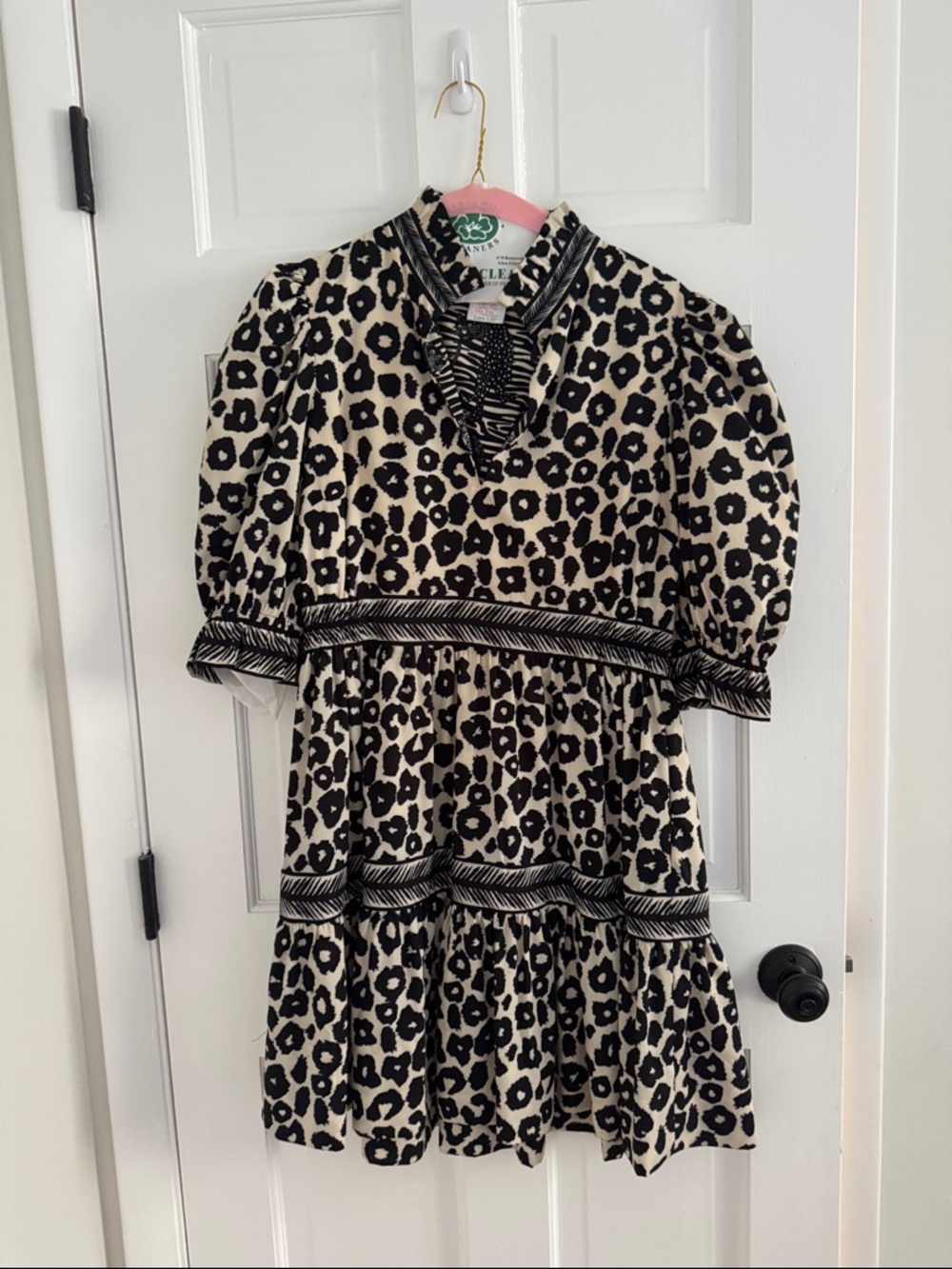 Gretchen Scott Designs Black and Cream Animal Print Mini Dress